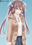  1girl anti_(untea9) asagumo_(kantai_collection) blush brown_hair coat commentary green_eyes hair_ribbon highres kantai_collection long_hair open_mouth ribbon skirt solo sweatdrop twintails twitter_username 