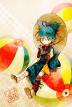  1boy ball bandages beachball blue_eyes blue_hair food japanese_clothes male_focus onigiri ponytail sayo_samonji touken_ranbu tsubaki_(teatime0) 