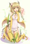 1girl bangs blonde_hair breasts china_dress chinese_clothes cleavage cleavage_cutout covered_navel dragon_girl dragon_tail dragon_wings fang flower green_eyes hair_flower hair_ornament highres kneeling open_mouth original sand-rain sasaame scales short_hair side_slit simple_background solo tail white_background wings 