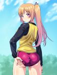  1girl adjusting_buruma adjusting_clothes ass blonde_hair breasts buruma kawakami_mai long_hair looking_back monteri musaigen_no_phantom_world side_ponytail solo violet_eyes 