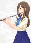  1girl brown_eyes brown_hair flute idolmaster idolmaster_cinderella_girls instrument long_hair mizumoto_yukari school_uniform solo wachiko 