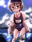  1girl black_hair brown_eyes clouds commentary_request glasses highres kagaku_chop looking_at_viewer nagakura_ren name_tag nishi_(nishinotes) one-piece_swimsuit school_swimsuit school_uniform short_hair skirt sky solo sun swimsuit tagme 