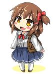  1girl :d alternate_costume anchor_symbol bag blush_stickers bow bowtie brown_eyes brown_hair chibi commentary_request fang hair_bow hair_ornament hairclip ikazuchi_(kantai_collection) kantai_collection looking_at_viewer open_mouth oshiruko_(uminekotei) short_hair shoulder_bag skirt smile solo white_background 