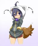  1girl ahoge animal_ears blush directional_arrow hands_in_pockets hooded_jacket karukan_(monjya) matsuhime_mujina purple_hair shinrabanshou short_shorts shorts solo tail violet_eyes 