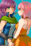  2girls bare_back bare_shoulders belt blue_background bracelet dress faris_scherwiz final_fantasy final_fantasy_v green_eyes jewelry lenna_charlotte_tycoon looking_at_another multiple_girls open_mouth orange_dress pink_hair popped_collar profile purple_hair scarf siblings sisters sleeveless sunagimo_(nagimo) 
