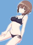  1girl bikini blue_background blue_bikini brown_eyes brown_hair choker cowboy_shot girls_und_panzer highres nanashino nishizumi_maho short_hair side-tie_bikini simple_background solo swimsuit tankini 