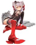  1girl amatsukaze_(kantai_collection) arm_support black_panties choker foreshortening full_body garter_straps gloves grey_hair hair_tubes headgear high_heels highres kantai_collection laio long_hair looking_at_viewer panties pantyshot pantyshot_(sitting) red_legwear rensouhou-kun sailor_dress simple_background single_glove sitting solo striped striped_legwear tagme thigh-highs torpedo two_side_up underwear white_background white_gloves yellow_eyes 