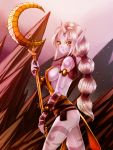  1girl blush breasts crescent horn large_breasts league_of_legends long_hair looking_at_viewer looking_to_the_side pointy_ears ponytail purple_skin sideboob solo soraka staff tattoo very_long_hair waterring white_hair yellow_eyes 