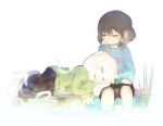  1boy androgynous asriel_dreemurr brown_hair caribun closed_eyes frisk_(undertale) hand_on_another&#039;s_head lap_pillow monster_boy shirt shorts simple_background sitting sleeping sleeping_on_person smile striped striped_shirt tagme undertale water what_if white_background 