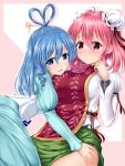  2girls blue_eyes blue_hair bun_cover chinese_clothes cuffs double_bun dress drill_hair flower hair_ornament hair_rings hair_stick highres ibaraki_kasen kaku_seiga multiple_girls open_mouth pink_eyes pink_hair rose shackles short_hair smile tabard touhou u2_(5798239) vest 