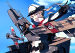  1girl airplane blonde_hair blue_eyes capelet card gloves graf_zeppelin_(kantai_collection) hat kantai_collection long_hair machinery peaked_cap sahuyaiya solo turret twintails 