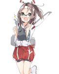 1girl bespectacled bow_(weapon) glasses green_eyes hachimaki headband high_ponytail japanese_clothes kanisaka_shizuku kantai_collection light_brown_hair long_hair looking_at_viewer ponytail standing_on_one_leg wavy_mouth weapon zuihou_(kantai_collection) 