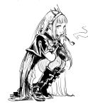  boots bracer cagliostro_(granblue_fantasy) crown granblue_fantasy highres long_hair looking_at_viewer monochrome osakana_(denpa_yun&#039;yun) pipe simple_background smile smoke squatting thigh-highs white_background 