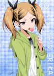  1girl black_eyes blonde_hair candy hair_ornament hairclip highres lollipop long_hair okara shirobako twintails yano_erika 