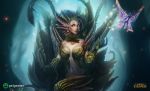  breasts cleavage copyright_name dgatrick fairy leaf leaf_bra league_of_legends midriff monster_girl navel open_mouth outstretched_hand plant_girl watermark yellow_eyes zyra 