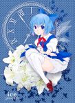  1girl ass blue_background blue_dress blue_eyes blue_hair bow brown_shoes cirno collared_shirt dress flower hair_bow inoue_yukita leaf legs lily_(flower) looking_at_viewer maple_leaf patterned_background ribbon roman_numerals shirt shoes short_hair sleeveless sleeveless_dress solo thigh-highs time touhou white_legwear white_shirt 