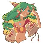  1girl adjusting_hair artist_name feena_(grandia) floating_hair grandia grandia_i green_eyes green_hair hair_ornament hair_tubes jewelry long_hair low-tied_long_hair midriff navel parted_lips pendant smile solo wide_sleeves wind zhampy 