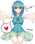  1girl blue_hair commentary_request heart heterochromia highres incoming_kiss looking_at_viewer outstretched_arms puffy_short_sleeves puffy_sleeves rinaka_moruchi seiza shirt short_sleeves sitting skirt smile solo spoken_heart tatara_kogasa touhou translation_request vest 