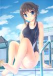  1girl barefoot blue_eyes brown_hair hair_bun highres legs one-piece_swimsuit original poolside short_hair sky solo swimsuit umitonakai wet 