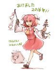  2016 2girls ascot bandaged_arm bandages bow bun_cover cuffs detached_sleeves double_bun flower gohei hair_bow hair_bun hair_tubes hakurei_reimu hakurei_reimu_(cosplay) happy_new_year highres ibaraki_kasen multiple_girls new_year pink_hair red_eyes rose shackles short_hair tako_(plastic_protein) touhou translated 