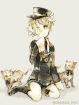  1boy black_legwear gokotai gokotai&#039;s_tigers hair_over_one_eye hat kneehighs kneeling military military_uniform necktie shorts sleeves_past_wrists tiger touken_ranbu tsubaki_(teatime0) twitter_username uniform white_hair white_tiger yellow_eyes 