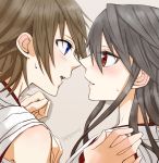  2girls black_hair blue_eyes brown_hair eye_contact gogono_pan&#039;ya haruna_(kantai_collection) hiei_(kantai_collection) highres holding_hands incipient_kiss kantai_collection looking_at_another multiple_girls parted_lips red_eyes short_hair sweat yuri 