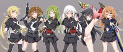  &gt;:) 6+girls :o belt black_hair black_legwear black_serafuku black_skirt blonde_hair blush brown_eyes brown_hair card commentary_request crescent crescent_hair_ornament crescent_moon_pin female fumizuki_(kantai_collection) gaia_memory glasses green_eyes green_hair gun hair_between_eyes hair_ornament highres holding holding_card holding_sword holding_weapon kamen_rider kamen_rider_555 kamen_rider_den-o kamen_rider_den-o_(series) kamen_rider_double kamen_rider_faiz kamen_rider_kiva kamen_rider_kiva_(series) kamen_rider_w kantai_collection kicking kikuzuki_(kantai_collection) kivat-bat_iii kneehighs loafers long_hair long_sleeves looking_at_viewer lost_driver low_twintails mikazuki_(kantai_collection) mochizuki_(kantai_collection) monster mtu_(orewamuzituda) multiple_girls nagatsuki_(kantai_collection) neckerchief necktie one_leg_raised open_mouth parody pleated_skirt pointing pointing_at_viewer ponytail red_eyes rider_belt satsuki_(kantai_collection) school_uniform serafuku shoes skirt smile standing_on_one_leg super_sentai sword thigh-highs thighs twintails uniform very_long_hair weapon white_hair white_legwear white_necktie wings yellow_eyes zyuden_sentai_kyoryuger 