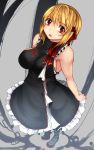  1girl adult_baby aoshima bare_arms bare_shoulders black_dress blonde_hair boots breasts commentary_request dress hair_ribbon highres large_breasts open_mouth red_eyes ribbon rumia sideboob sleeveless sleeveless_dress solo touhou 