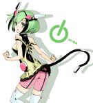  1girl android ass bike_shorts black_hair blush boots dimension_w green_eyes green_hair headgear multicolored_hair nadare-san_(nadare3nwm) open_mouth power_symbol shadow short_hair simple_background small_breasts solo strap_slip tail thigh-highs two-tone_hair yurizaki_mira 