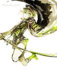  1boy cape green_eyes hat hotarumaru male_focus ootachi shorts silver_hair sword touken_ranbu tsubaki_(teatime0) twitter_username weapon 