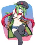  1girl artist_request bikini_top black_bikini_top black_legwear blue_eyes boots borrowed_character breasts brown_gloves cabbie_hat from_above gloves green_hair hat head_tilt large_breasts long_hair midriff navel original red_scarf scarf short_shorts shorts smile solo swimsuit thigh-highs thigh_boots 
