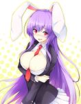  1girl animal_ears bangs between_breasts blazer blouse blush breasts cleavage highres large_breasts long_hair looking_at_viewer purple_hair rabbit_ears red_eyes reisen_udongein_inaba simple_background skirt solo tareme tirotata touhou very_long_hair wavy_mouth white_blouse white_skirt 