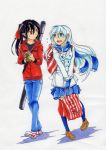  2girls alternate_costume artist_request bag black_hair blue_eyes blue_hair casual denim highres jeans konngara multiple_girls pants paper_cup red_eyes sariel scarf skirt socks touhou touhou_(pc-98) weapon_bag 