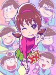 1girl 6+boys ;p arm_behind_head brothers brown_eyes brown_hair closed_eyes flower formal green_skirt hairband headphones heart heart-shaped_pupils heart_hands heart_in_mouth jewelry matsuno_choromatsu matsuno_ichimatsu matsuno_juushimatsu matsuno_karamatsu matsuno_osomatsu matsuno_todomatsu messy_hair money_gesture multiple_boys nozomi_uni one_eye_closed osomatsu-kun osomatsu-san paneled_background plaid plaid_skirt pose ring rose sextuplets short_twintails siblings skirt smile sparkle suit sunglasses symbol-shaped_pupils tongue tongue_out turtleneck twintails yowai_totoko 