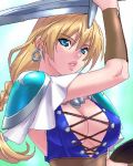  1girl armor blonde_hair blue_eyes braid breasts cleavage cross-laced_clothes earrings jewelry long_hair lowres oekaki parted_lips shoulder_pads solo sophitia_alexandra soulcalibur sword weapon zen 