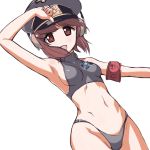  1girl :d aegis_(nerocc) arm_up armband armpits bikini blush breasts brown_hair girls_und_panzer groin hat headset looking_at_viewer navel nishizumi_miho open_mouth peaked_cap red_eyes short_hair sideboob simple_background small_breasts smile solo swimsuit white_background 