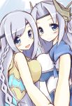  2girls blue_eyes blush braid breast_press breasts dress duel_monster headband large_breasts long_hair looking_at_viewer maiden_with_eyes_of_blue multiple_girls priestess_with_eyes_of_blue silver_hair smile symmetrical_docking very_long_hair white_hair yuu-gi-ou yuu-gi-ou_duel_monsters 