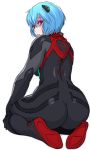  1girl ass ayanami_rei blue_hair bodysuit commentary_request from_behind jinroku looking_at_viewer looking_back neon_genesis_evangelion number open_mouth pale_skin pilot_suit plugsuit red_eyes seiza short_hair sitting solo 