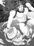  2boys abs boots bound character_request from_above highres horns jojo_no_kimyou_na_bouken kars_(jojo) loincloth long_hair male_focus midair monochrome multiple_boys muscle pakira_(trrrrrrlrrr) smile tentacles wings 