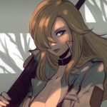  1girl belt blonde_hair blue_eyes breasts choker cleavage clockwork-cadaver closed_mouth dappled_sunlight eyelashes gun hair_over_one_eye high_collar jacket lipstick long_hair looking_away looking_to_the_side makeup metal_gear_(series) metal_gear_solid rifle shade sniper_rifle sniper_wolf solo upper_body watermark weapon web_address yellow_lipstick 