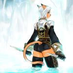  1girl animal_ears ass blue_eyes cat_ears cat_tail cowboy_shot dagger doraeshi dual_wielding final_fantasy final_fantasy_xi from_behind looking_at_viewer looking_back mithra outdoors short_hair shorts solo standing tail thigh-highs thighs water weapon white_hair 