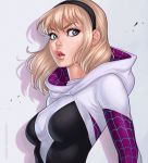  1girl blonde_hair bodysuit dandon_fuga from_side grey_eyes gwen_stacy hairband hood lips looking_at_viewer marvel parted_lips short_hair solo spider-gwen spider_web_print superhero upper_body 