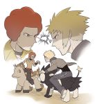  2boys afro blonde_hair blue_eyes denbaa denji_(pokemon) jacket looking_at_another luxray multiple_boys ooba_(pokemon) open_clothes open_jacket pokemon pokemon_(creature) pokemon_(game) pokemon_dppt ponyta projected_inset redhead riding shaded_face spark veins white_background 