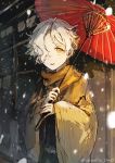  1boy gokotai hair_over_one_eye japanese_clothes male_focus oriental_umbrella scarf smile snowing touken_ranbu tsubaki_(teatime0) twitter_username umbrella white_hair yellow_eyes 