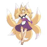  1girl absurdres animal_ears bare_legs bare_shoulders blonde_hair breasts cleavage fox_ears fox_tail green_eyes grin highres kitsune large_breasts legs long_hair looking_at_viewer mon-musu_quest! monster_girl multiple_tails obi older sash simple_background smile solo tabi tail tamamo_(mon-musu_quest!) tattoo thundragon white_background 
