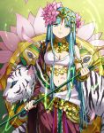  1girl aqua_eyes armlet blue_eyes breasts cleavage facial_mark flower hair_flower hair_ornament headdress long_hair looking_at_viewer lotus meguri_(lunge) navel parvati_(p&amp;d) petals polearm puzzle_&amp;_dragons shawl solo tiger weapon 