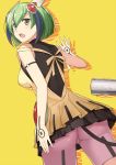  1girl android ass bare_arms bike_shorts brown_dress cccpo dimension_w dress green_eyes green_hair headgear highres layered_dress looking_at_viewer multicolored_hair open_mouth plug short_dress short_hair sleeveless sleeveless_dress solo streaked_hair tail thigh-highs yurizaki_mira 