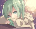  1girl blush character_request crossed_arms green_eyes green_hair highres hoodie looking_at_viewer nomalandnomal ponytail solo 