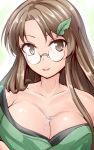  1girl breasts brown_eyes brown_hair bust_cup cleavage futatsuiwa_mamizou glasses highres large_breasts leaf leaf_on_head pince-nez smile solo tongue tongue_out touhou y2 