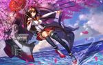  1girl brown_eyes brown_hair cherry_blossoms detached_sleeves flower hair_flower hair_intakes hair_ornament headgear kantai_collection liangxing long_hair looking_at_viewer mecha_musume oriental_umbrella ponytail shell single_thighhigh skirt solo thigh-highs turret umbrella very_long_hair water yamato_(battleship) yamato_(kantai_collection) z_flag 